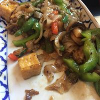 Famous Drunken Noodles (vegan); can be made with meat, vegetables, or tofu. These were delicious. Made with rice noodles, no fish sauce. at Sawasdee Thai Cuisine in Ventura