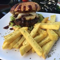 Burger and fries  at Fratello Vegan in Cuenca