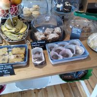 Bakewell flapjack and choco-chunk cornbread. at The Accidental Vegan Cafe in Honiton