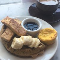 Half Belgian Waffle with Tofu, Just Egg, & Chai at Nourish Cafe in San Francisco