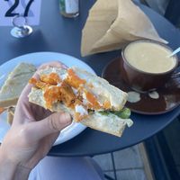 Yam sandwich, latte, and chocolate muffin at Nourish Cafe in San Francisco