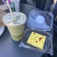Iced matcha latte and lemon superfood bar at Nourish Cafe in San Francisco