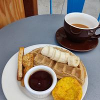 Waffles, tofu and vegan omelette at Nourish Cafe in San Francisco
