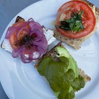 “Lox”, Mediterranean, and chimichurri (toast sampler)  at Nourish Cafe in San Francisco