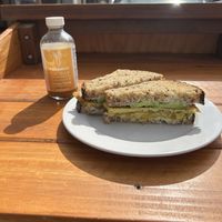 Frittata sandwich and White hibiscus ginger Baobab drink  at Nourish Cafe in San Francisco