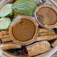 Bibimbap bowl with extra dressing and tofu; dressing was a bit salty (I took the second one home) at Nourish Cafe in San Francisco