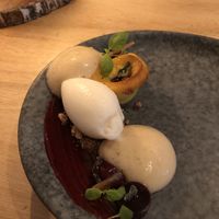 Clafoutis met een crème van zure kersen, rode bieten gelei en een sorbet van moerasspirea. at Morris and Bella in Amsterdam