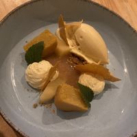 Dessert with corn ice-cream and quince:  nice, but a bit too sour  at Morris and Bella in Amsterdam