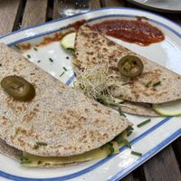 Zuchinni tortilla with spinach and vegan cheese  at S'Hortet in Mallorca