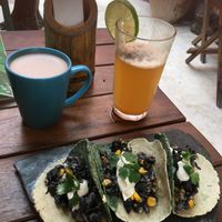 Huitlachoche tacos and this cacao, reishi, chaga brew with homemade coconut milk is divine! at Raw Love - Downtown Tulum in Tulum