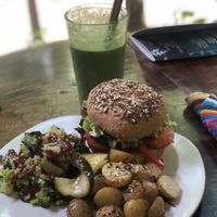 Vegan burger with green goddess.  at Raw Love - Downtown Tulum in Tulum
