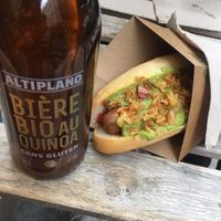 Vegan beer and smoked hot dog with guacamole  at Hot Vog in Paris