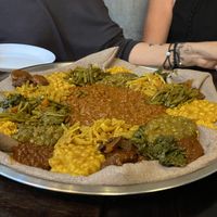 Misir wot, difin misir wot, kik wot, Tikal gomen, string beans and carrot, mushroom, scrambled chickpeas, carrot stew.   at Beza Ethiopian Food in South East London