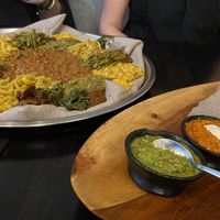 Misir wot, difin misir wot, kik wot, Tikal gomen, string beans and carrot, mushroom, scrambled chickpeas, carrot stew, injera.  at Beza Ethiopian Food in South East London