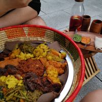 sharing platter with tea and dips and extra bread at Beza Ethiopian Food in South East London