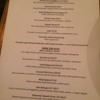 Vegan menu options (V) at Dhaba in Kyneton