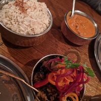 Aloo (eggplant), rice. at Dhaba in Kyneton