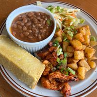 BBQ plate with beans, slaw, seasoned potatoes, spicy vegan chicken and corn bread (gluten free!) at Springhouse in Halifax