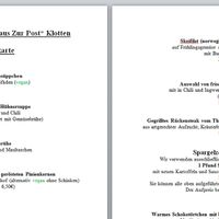 Ausschnitt aus der aktuellen Tageskarte mit veganen Optionen at Hotel Gasthaus and Restaurant zur Post in Klotten