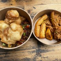 @gwafuvegan puff puff and beans, plantain and spicy jollof rice  at GRUB in Manchester