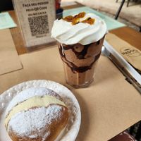 chocolate milkshake and cream filled donut at Padoca Vegan in Sao Paulo
