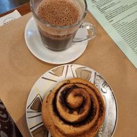 cinnamon bun and hot chocolate! at Padoca Vegan in Sao Paulo