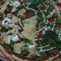 Half and half family size: nacho and pesto at Riptide Pizza in Woolgoolga