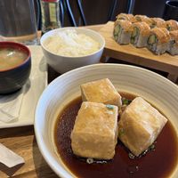 Agadashi tofu, miso soup and sushi veggie roll  at Tempura Japanese Cafe in Elsternwick