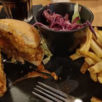 Zinger Burger, slaw, and skinny fries at Down the Hatch in Liverpool