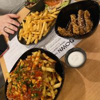 Loaded fries and the chicken strips. Mushroom burger. So good.  at Down the Hatch in Liverpool