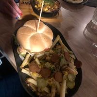 Zinger burger with Bavarian Fries & Moussaka with garlic bread at Down the Hatch in Liverpool