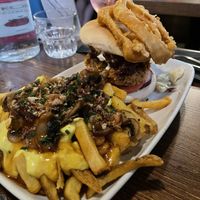 Apple Jack burger and poutine loaded fries  at Down the Hatch in Liverpool