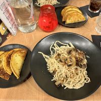 Carbonara and garlic breadd  at Down the Hatch in Liverpool