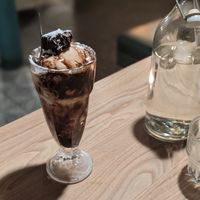 Wonderful vegan hazelnut ice-cream sundae with chocolate brownie  at Down the Hatch in Liverpool
