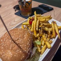 Burger, salt n pepper fries  at Down the Hatch in Liverpool