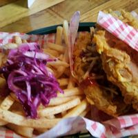 Double take double seitan burger minus the bun and fries at Down the Hatch in Liverpool