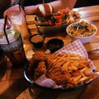 Mac n cheese, ‘strips chips and dip’ & tofu burger with salt n pepper fries  at Down the Hatch in Liverpool