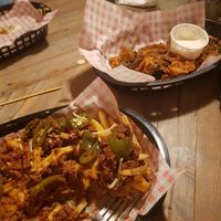 Battered garlic mushrooms and vegan chilli loaded fries. at Down the Hatch in Liverpool