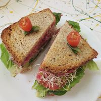 Veggie Sandwich with homemade beet hummus at Vegan Parad-ice in Cruz De Huanacaxtle