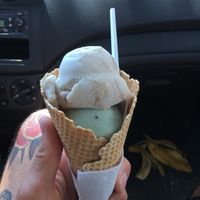 chocolate mint and banana cinnamon in a waffle cone at Vegan Parad-ice in Cruz De Huanacaxtle