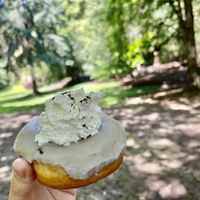 Portland fog - the cream is great but the frosting is too sweet at Doe Donuts in Portland