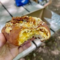 Amazing monthly special - bacon Mac and cheese donut! It was great! at Doe Donuts in Portland