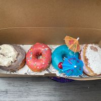 Left to Right: Portland Fog, Doe, Blue Hawaiian, and Ube Cream Puff  at Doe Donuts in Portland