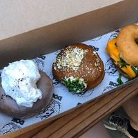Portland fog, “Everything” donut (savoury, seasonal flavour), breakfast sammy (savoury)  at Doe Donuts in Portland