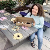 Very happy about the delicious donuts I was about to indulge in  at Doe Donuts in Portland