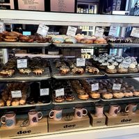 Bakery case filled with their donuts at Doe Donuts in Portland