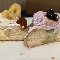 insides of banana cream pie long john and taro milk tea at Doe Donuts in Portland