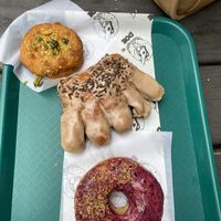 elote donut, chocolate espresso bear claw, blueberry donutt  at Doe Donuts in Portland