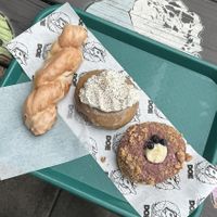 maple twist, portland fog, and blueberry coffee cake  at Doe Donuts in Portland