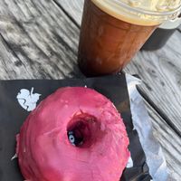 Ginger hibiscus donut & nitro cold brew on tap  at Doe Donuts in Portland